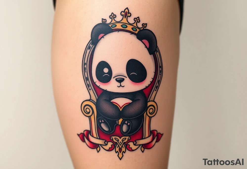 powerful superior panda with a crown, sexy princess on a throne looking down at her worshippers tattoo idea