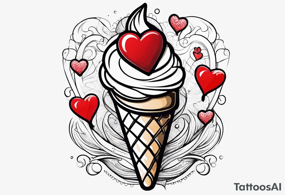 ice cream cone with one round scoop of ice cream and a red heart tattoo idea