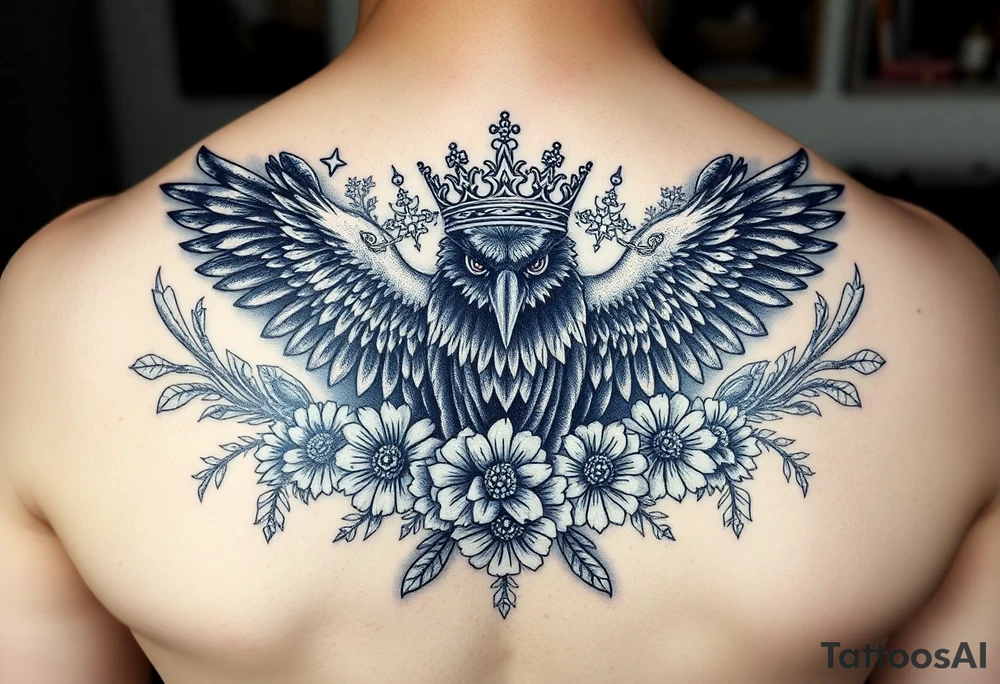 powerful majestic ravens with a crown, surrounded by floral ornaments and birds tattoo idea