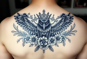 powerful majestic ravens with a crown, surrounded by floral ornaments and birds tattoo idea