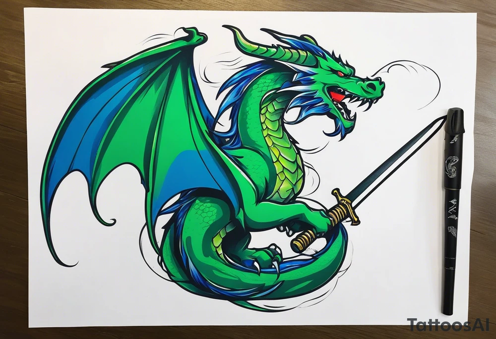 Blue and green dragon with a katana sword tattoo idea