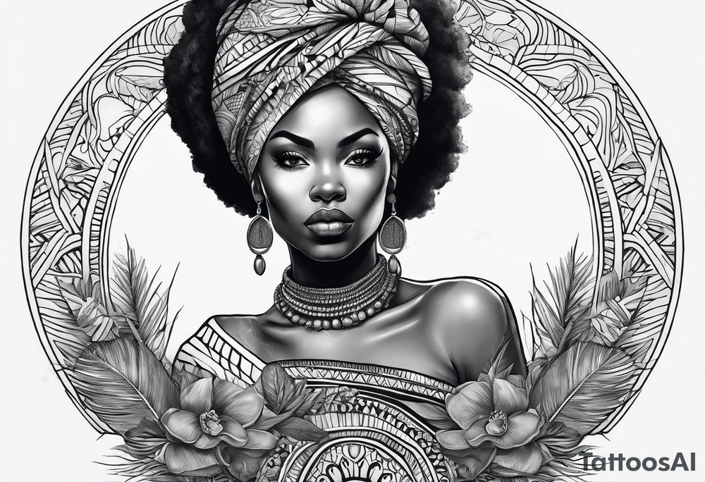 mulher iemanjá africana em preto e cinza com conchas marinhas, fundo da imagem com tons de azul tattoo idea