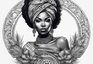 mulher iemanjá africana em preto e cinza com conchas marinhas, fundo da imagem com tons de azul tattoo idea