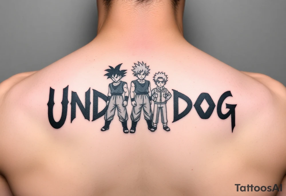 the word underdog in a with 3 anime characters Goku  and Naruto and ippo  one standing in the middle one standing on the right and one standing on the left
 above the word tattoo idea