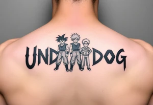the word underdog in a with 3 anime characters Goku  and Naruto and ippo  one standing in the middle one standing on the right and one standing on the left
 above the word tattoo idea