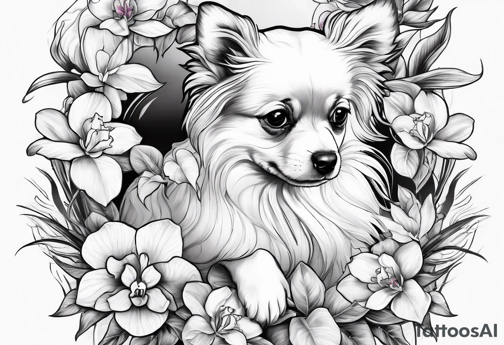 Orquídea e Bougainvillea e cachorro sentado de costas tattoo idea