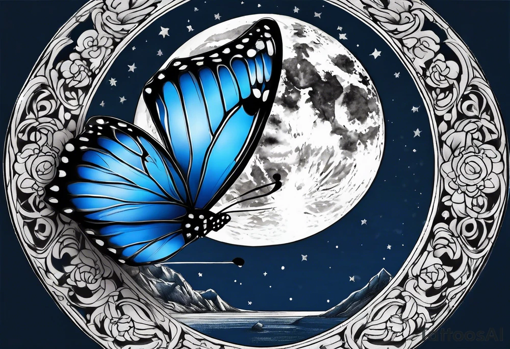 Blue butterfly moon tattoo idea