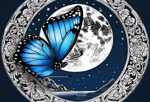 Blue butterfly moon tattoo idea
