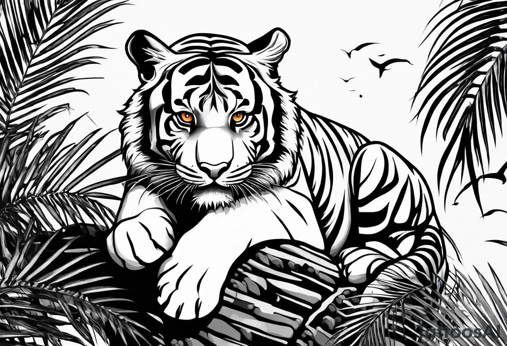 tiger laying on palm tree tattoo idea