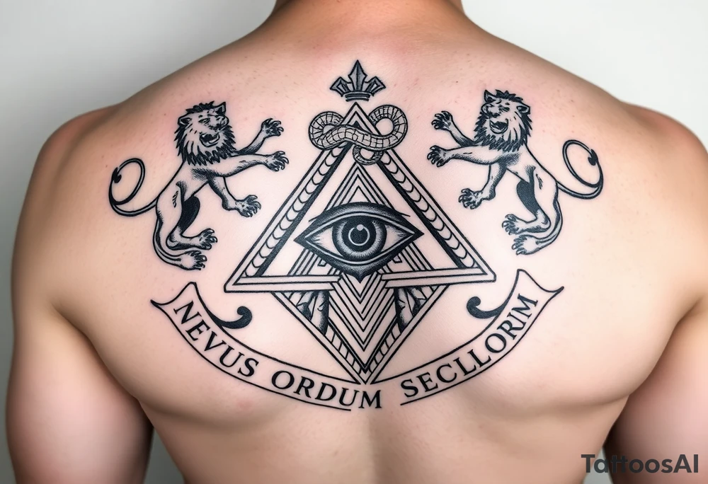 Pyramid with eye in the center, diamond with snake on the top,lions on corners,surrounded by words - novus ordum seclorum tattoo idea