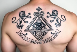 Pyramid with eye in the center, diamond with snake on the top,lions on corners,surrounded by words - novus ordum seclorum tattoo idea