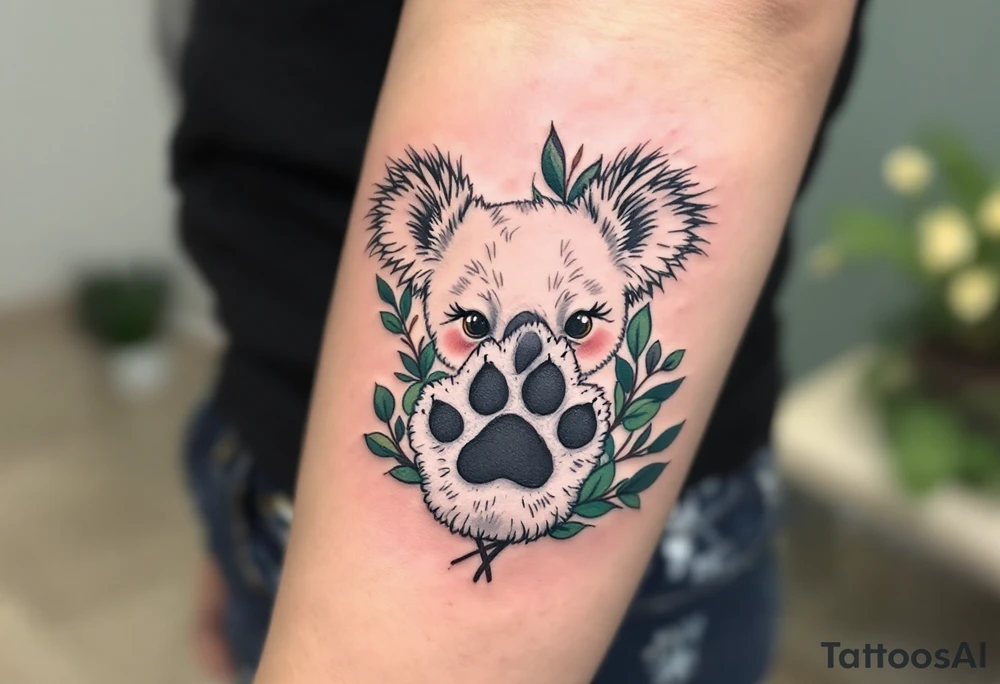 Koala Paw with Eucalyptus Accents – A gray paw with dark pads, surrounded by green eucalyptus leaves, representing gentleness and connection. tattoo idea