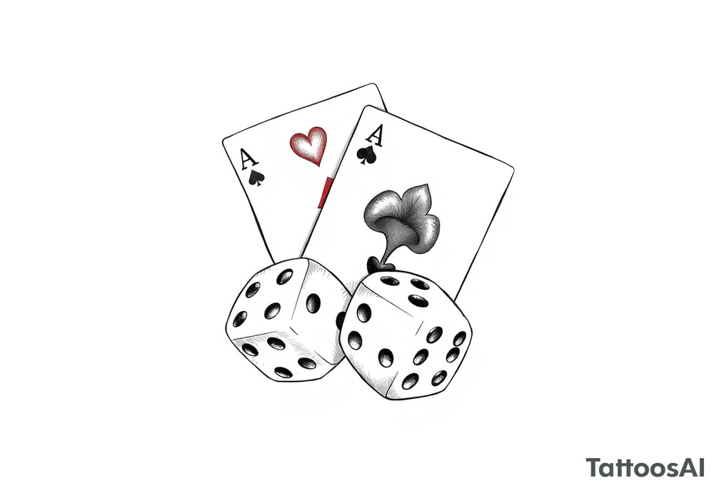 2 of hearts and 4 of hearts playing cards on top of two dices tattoo idea