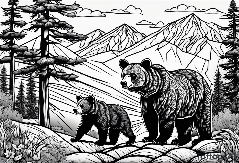 mamma bear and cub with mountains tattoo idea