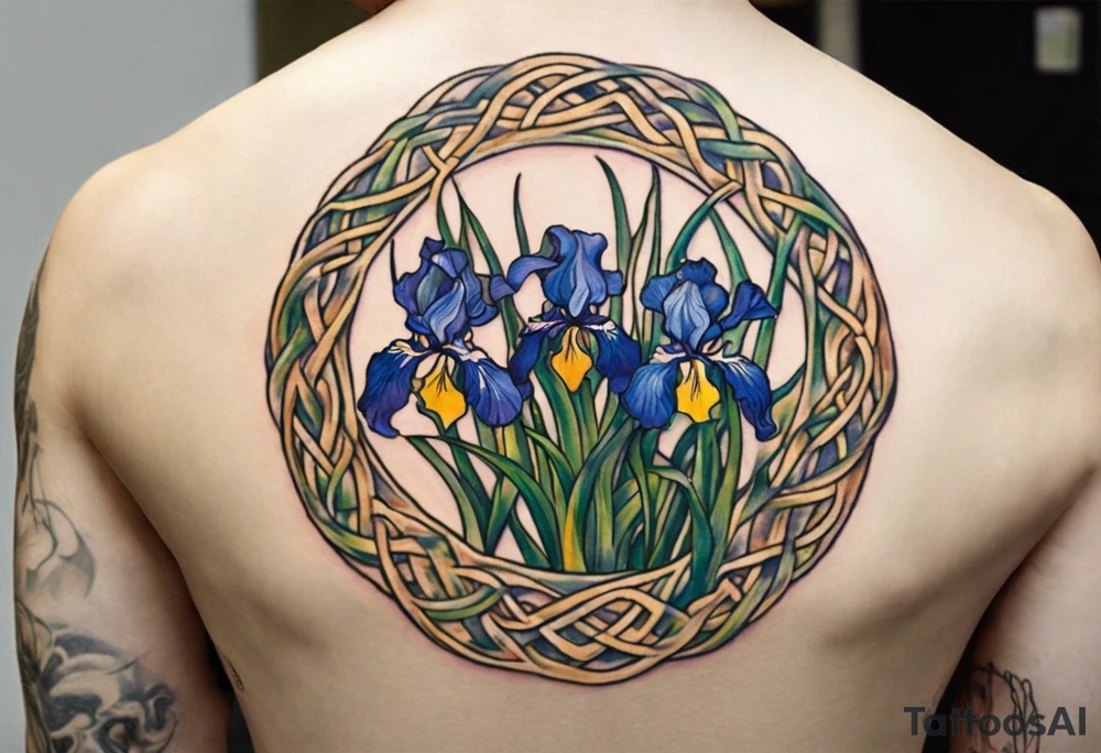 Create a colorful, small Vincent van Gogh Irises tattoo with Celtic knots. The tattoo should take the form of a crescent, with vines gracefully intertwining at a central point in the middle of the wreath. Ensure that the design avoids the appearance of a bush and maintains a more structured and deliberate arrangement. The intended placement is on the upper chest. The overall design should be small in size while maintaining a delicate and artistic aesthetic. Pay attention to the graceful flow of the vines and the placement of the irises to achieve a refined and elegant look tattoo idea