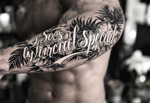 90s special font in cursive Dunning, with big jungle leaves, roses,palm trees, tattoo idea