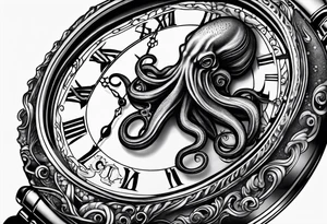 to be drawn in the arm, pocket watch wrapped under an aggressive octopus, lateral view tattoo idea