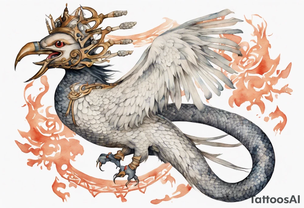 a watercolor of a white bird-serpent hybrid wearing an iron crown, flying tattoo idea
