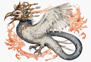 a watercolor of a white bird-serpent hybrid wearing an iron crown, flying tattoo idea
