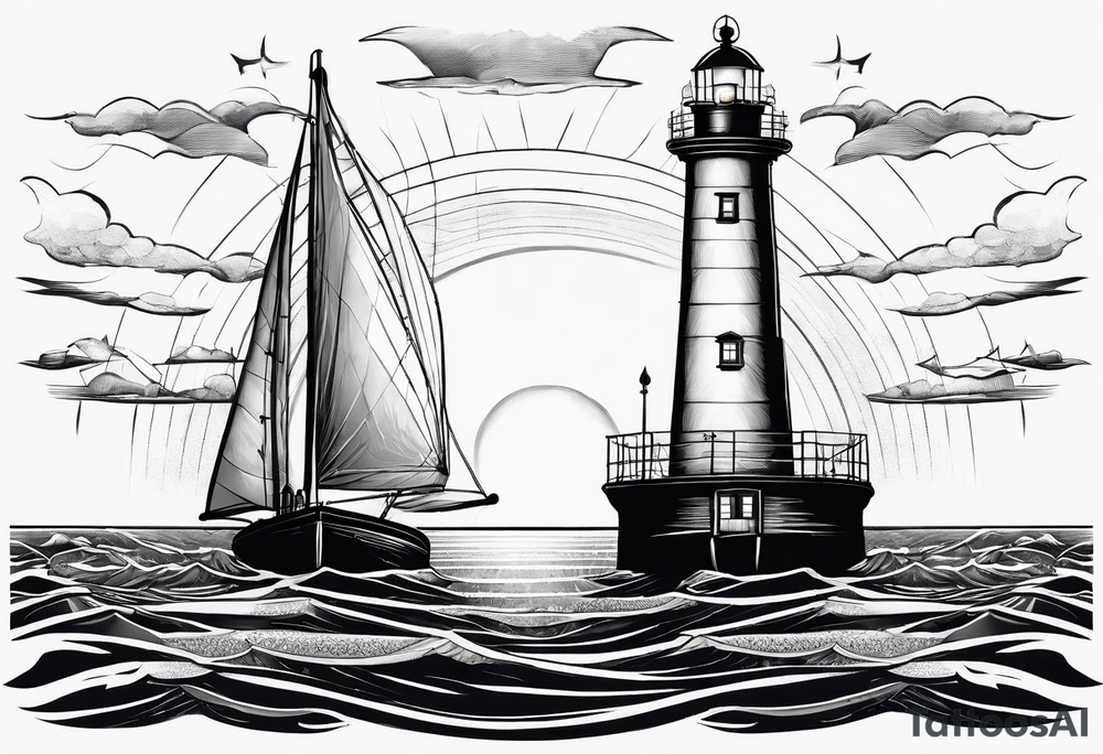 maritime lighthouse in a front view sailboat serving as a mast for a sail. tattoo idea