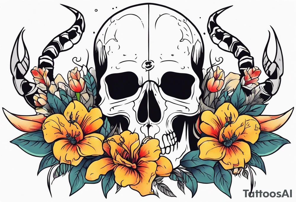 Skull tattoo with a large scorpion and flowers tattoo idea