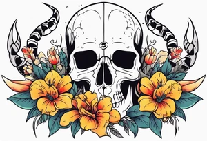 Skull tattoo with a large scorpion and flowers tattoo idea
