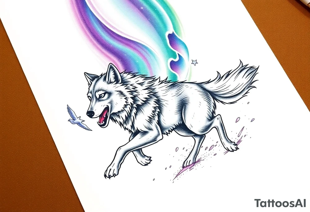 Wolf Running under the northern lights tattoo idea