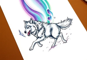 Wolf Running under the northern lights tattoo idea