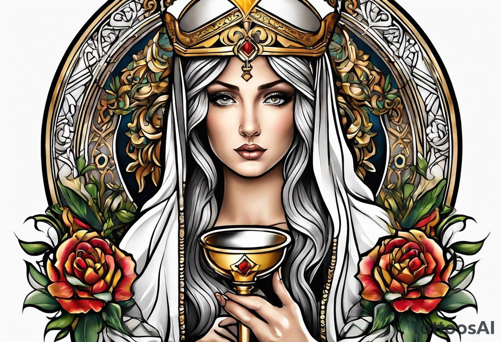 Female saint holding a chalice tattoo idea