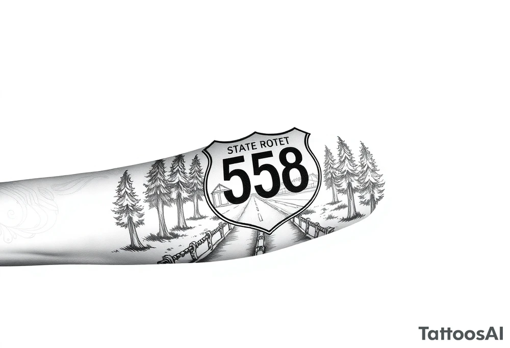 Arm sleeve small State Route sign 558, with trees all around and farm in background, road w/ view facing up the arm tattoo idea