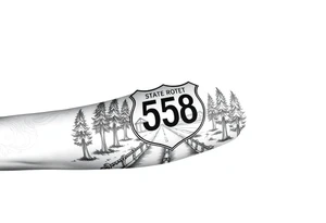 Arm sleeve small State Route sign 558, with trees all around and farm in background, road w/ view facing up the arm tattoo idea