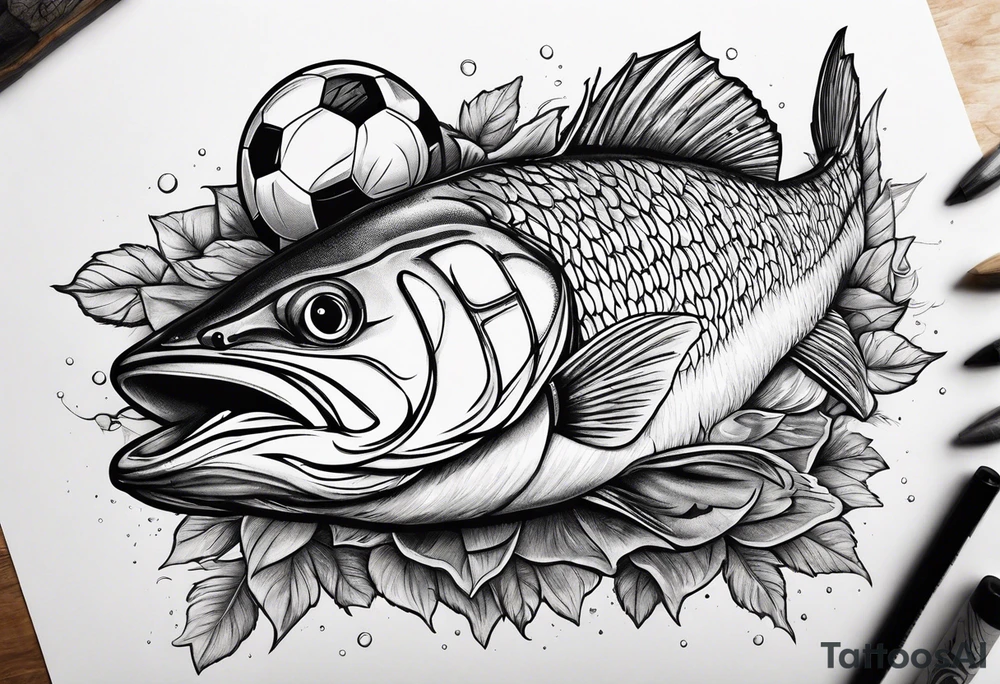 Mulloway eating a soccer ball on a log tattoo idea