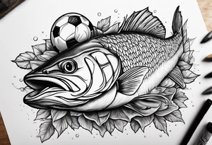Mulloway eating a soccer ball on a log tattoo idea