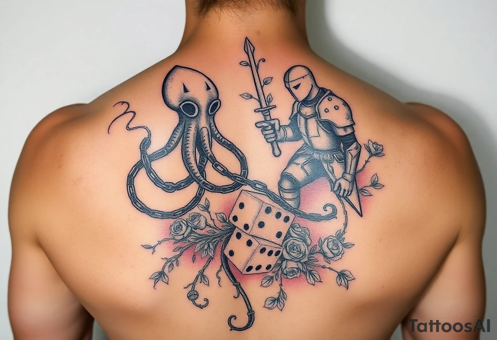 squid and knight combined with chains, tree roots, cherry blossoms and roses rolling dice tattoo idea