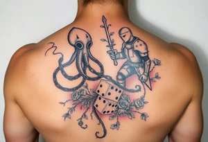 squid and knight combined with chains, tree roots, cherry blossoms and roses rolling dice tattoo idea