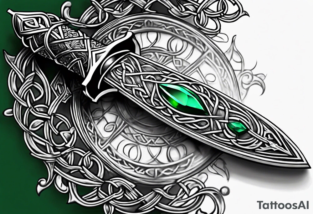 A Celtic dagger with an oak hilt turned upright and emerald gemstones on it tattoo idea