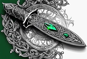 A Celtic dagger with an oak hilt turned upright and emerald gemstones on it tattoo idea
