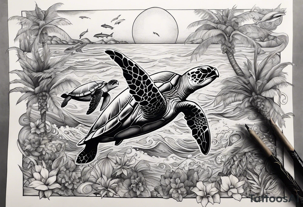 Ocean vibes with palm trees and sea turtles and dolphins tattoo idea