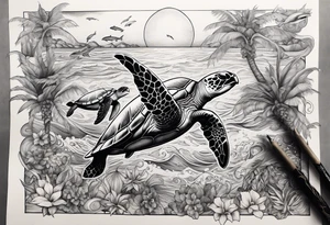 Ocean vibes with palm trees and sea turtles and dolphins tattoo idea