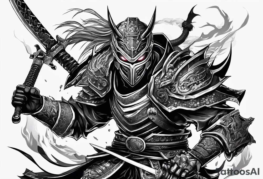 Angry Male Modern robot ninja with demon mask with swords in hands fighting dragon tattoo idea
