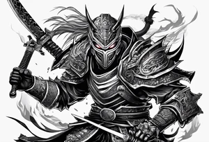 Angry Male Modern robot ninja with demon mask with swords in hands fighting dragon tattoo idea