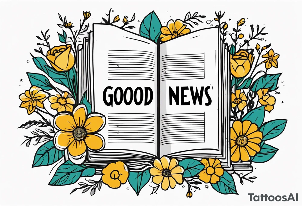 newspaper with words "good news" surrounded by flowers tattoo idea