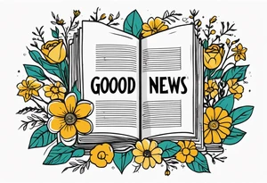 newspaper with words "good news" surrounded by flowers tattoo idea