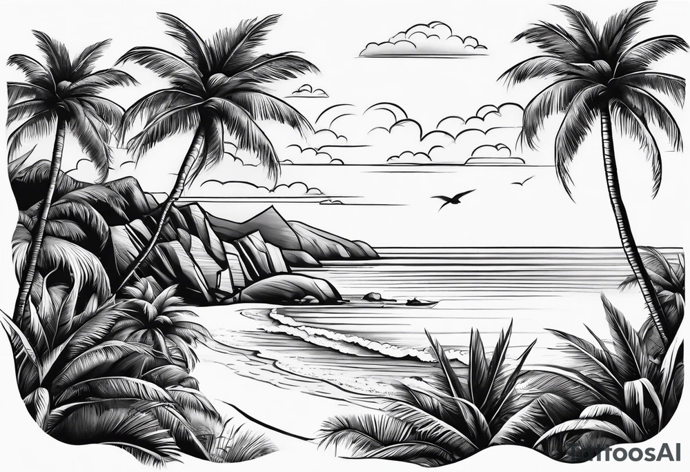 small fine line beach landscape on upper arm with palm trees tattoo idea small fine line beach landscape on upper arm with palm trees tattoo idea