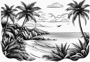 small fine line beach landscape on upper arm with palm trees tattoo idea