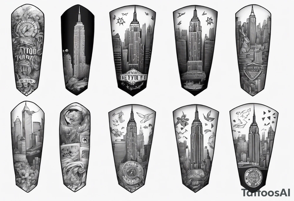 full arm sleeve tattoo based on new york city tattoo idea