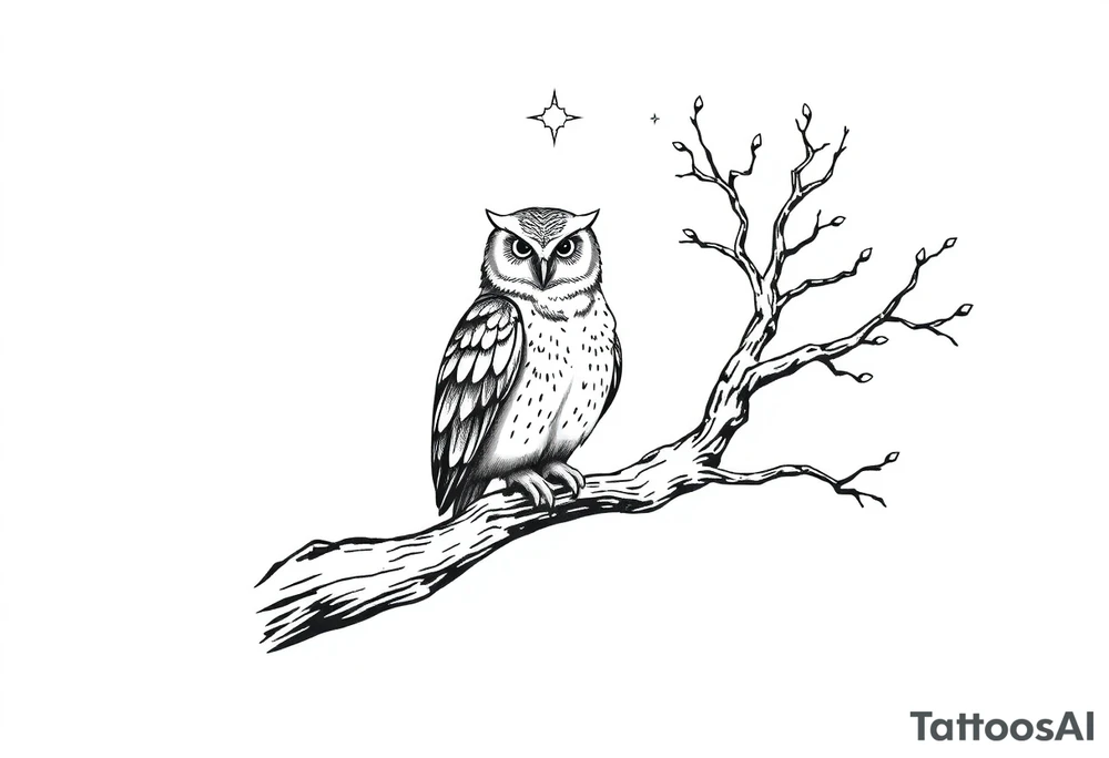 wise owl perched on ancient oak branch under starlit sky tattoo idea