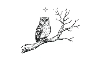wise owl perched on ancient oak branch under starlit sky tattoo idea