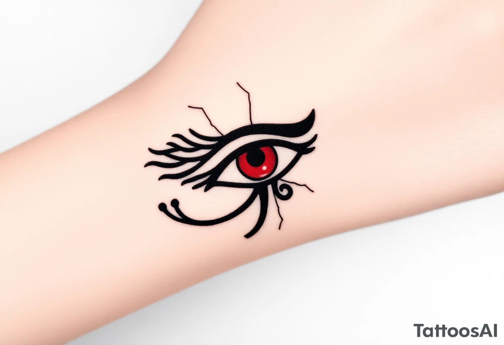 A black and crimson Eye of Horus, with cracks forming around it, symbolizing power emerging from chaos tattoo idea