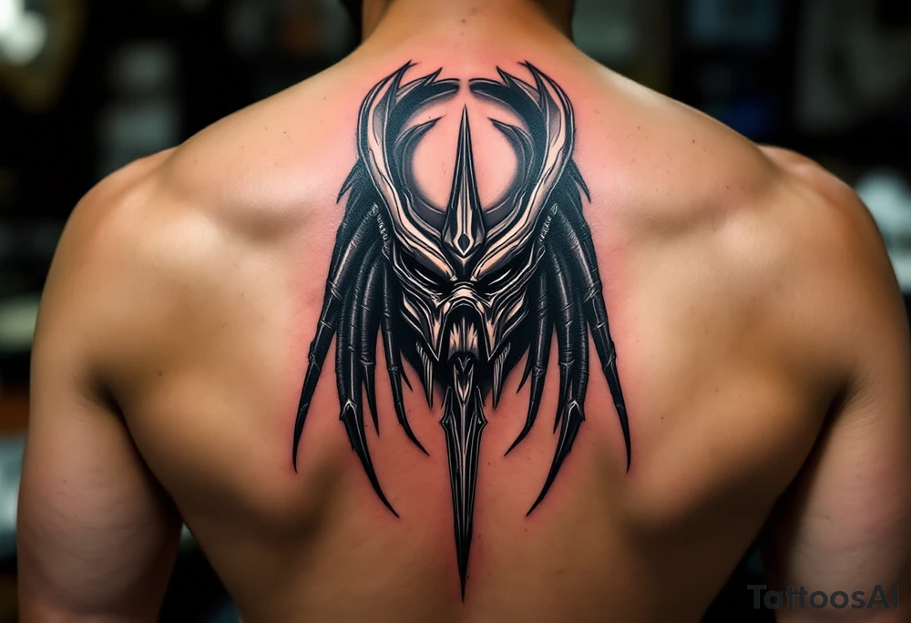 Shadow Spear Predator – A master assassin among the Yautja, featuring midnight-black skin, matte dark silver armor, and a smooth, featureless bio-mask that absorbs light. Specializes in silent takedowns and close combat. tattoo idea